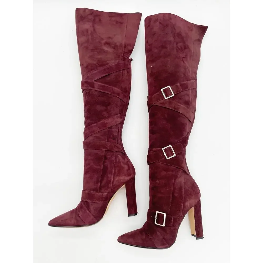 Manolo Blahnik Josimhi Burgundy Suede Buckle Strap Pointed Toe OTK Boots IT 37.5